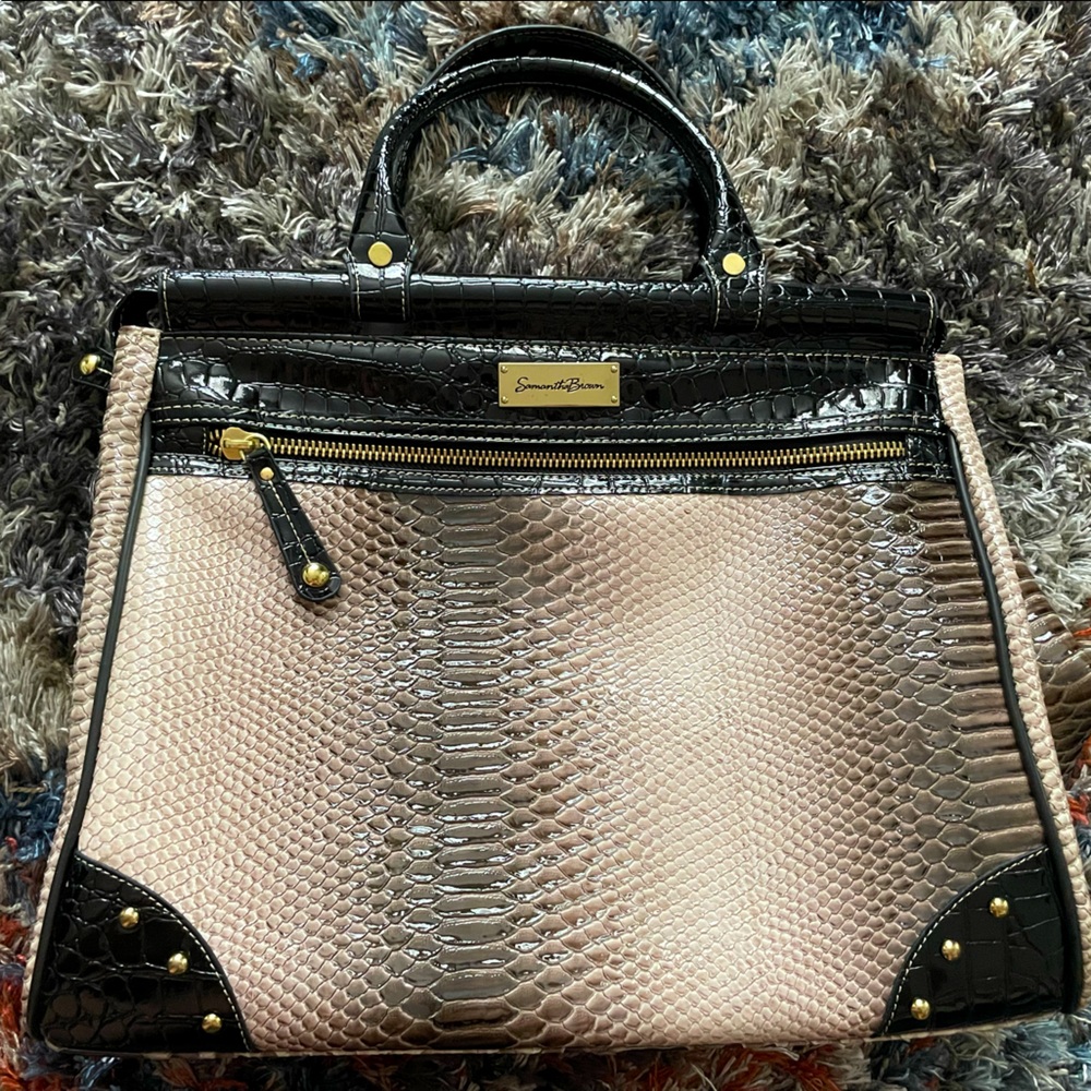 Samantha Brown Womens Black Brown Beige Reptile Crocodile Luggage Bag NWOT